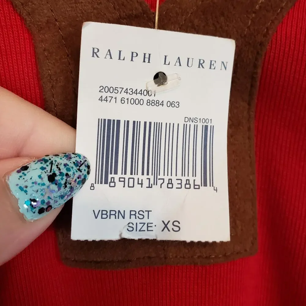 Lauren Ralph Lauren Red V-Neck Top‎ with Brown Faux Suede Trim Women's X Small